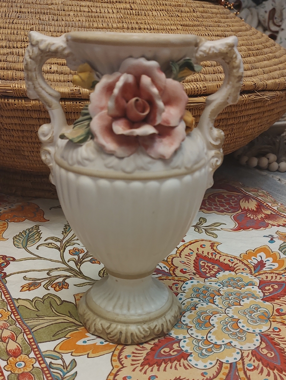 Vintage Elegant White Ceramic Vase with Pink Rose Accent - Classic Home Accents